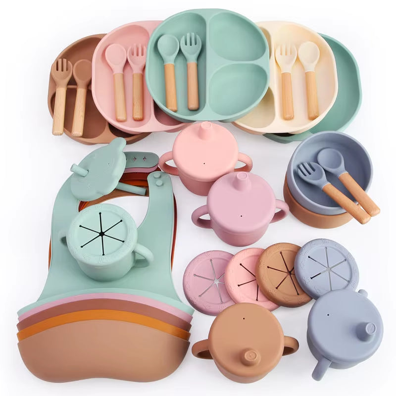 Food Grade BPA Free Baby Weaning Set Silicone Bibs Plate Spoon Fork Baby Pacifier Toddler Feeding Set Silicone Sippy Cup Set