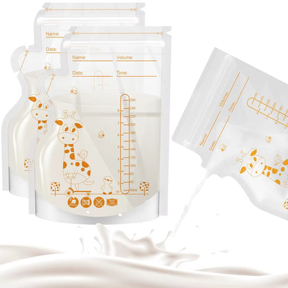 PE Giraffe Breast Milk Storage Bags, 250ML 30Pcs/60 Pcs per Pack, Pre-Stick Labels, BPA Free, Leakproof,
