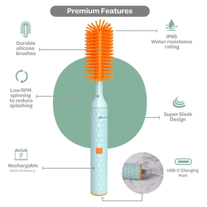 New Hot Trending 3In1 Nordic Style Small Travel Baby Multipurpose Silicone Cordless Electric Bottle Cleaning Brush