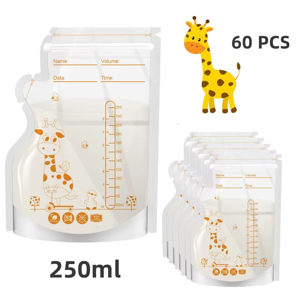 PE Giraffe Breast Milk Storage Bags, 250ML 30Pcs/60 Pcs per Pack, Pre-Stick Labels, BPA Free, Leakproof,