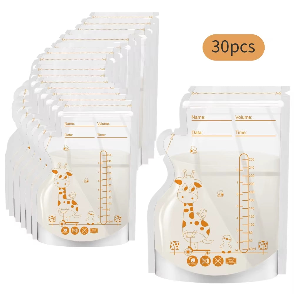 PE Giraffe Breast Milk Storage Bags, 250ML 30Pcs/60 Pcs per Pack, Pre-Stick Labels, BPA Free, Leakproof,
