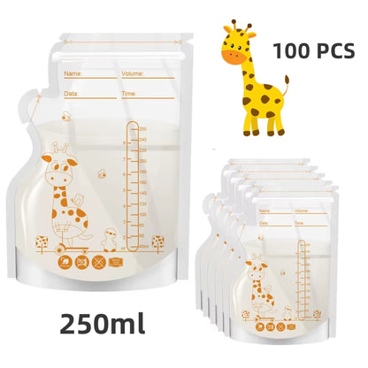 PE Giraffe Breast Milk Storage Bags, 250ML 30Pcs/60 Pcs per Pack, Pre-Stick Labels, BPA Free, Leakproof,