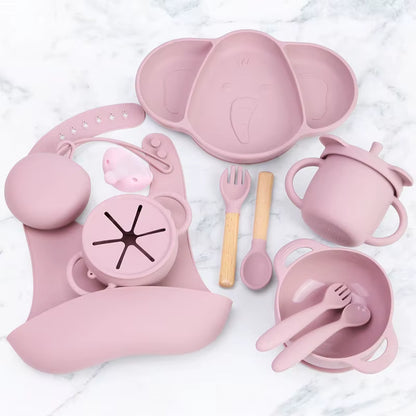 Food Grade BPA Free Baby Weaning Set Silicone Bibs Plate Spoon Fork Baby Pacifier Toddler Feeding Set Silicone Sippy Cup Set