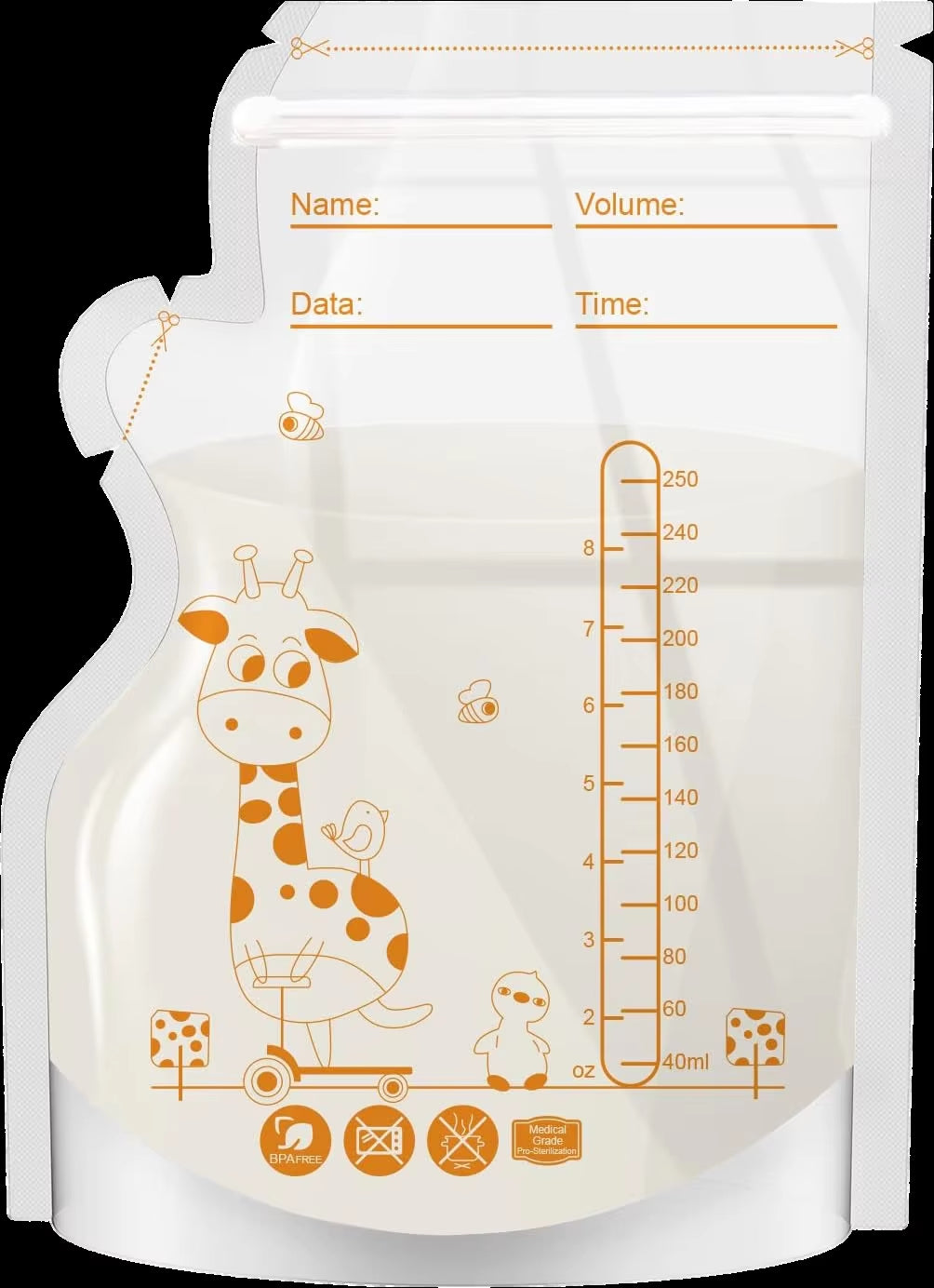 PE Giraffe Breast Milk Storage Bags, 250ML 30Pcs/60 Pcs per Pack, Pre-Stick Labels, BPA Free, Leakproof,