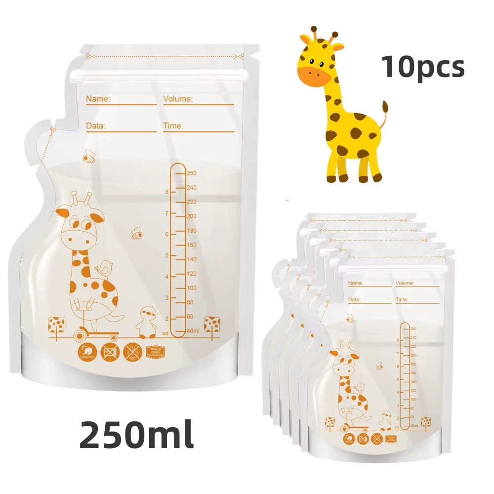 PE Giraffe Breast Milk Storage Bags, 250ML 30Pcs/60 Pcs per Pack, Pre-Stick Labels, BPA Free, Leakproof,