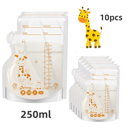 PE Giraffe Breast Milk Storage Bags, 250ML 30Pcs/60 Pcs per Pack, Pre-Stick Labels, BPA Free, Leakproof,